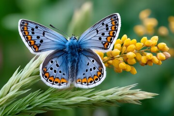 Obraz premium Common blue butterfly perching on yellow flowers