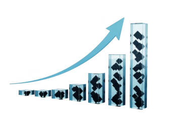 3d bar graph with rising trend arrow showing growth and success, isolated on transparent background
