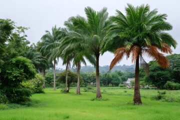 Obraz premium Tropical palm trees standing in green rice field