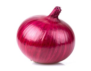 Single, raw red onion shows smooth skin and root end, casting a light shadow on a plain white background
