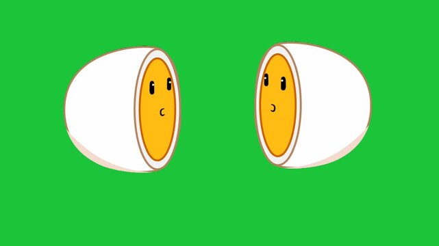 Cute egg halves cartoon characters facing each other isolated on green screen background funny animation loop seamless