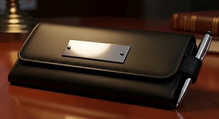 Elegant Black Leather Organizer with Pen Holder and Metal Plate.