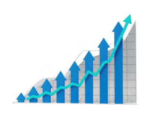 A rising blue bar graph with a turquoise line chart showing upward trend and growth, isolated on transparent background