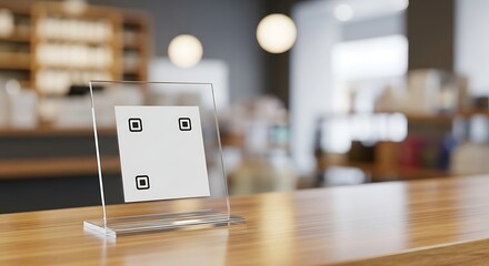 QR Code Displayed on Counter in Modern Cafe for Contactless Service.