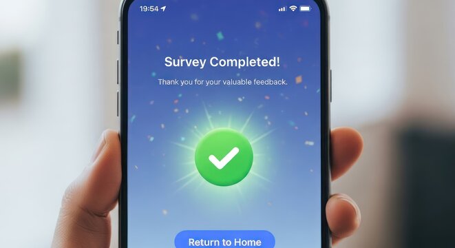 A smartphone displaying a survey completion screen with a green checkmark and a 'Return to Home' button.