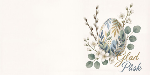 Glad P&aring;sk &ndash; Swedish Easter greeting card with watercolor egg, floral decor and soft pastel tones on light background with copy space