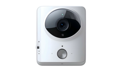 A close-up of a modern, white security camera with a centered lens on a dark background