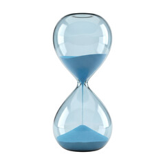 Classic glass hourglass with blue sand measuring time isolated on transparent background