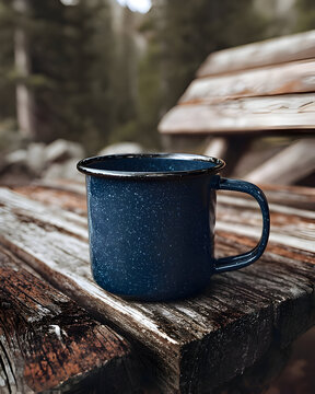 Blue Enamel Camping Mug on Rustic Wooden Surface