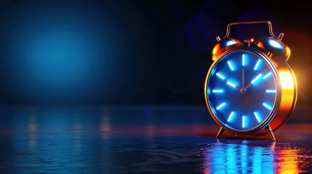 Glowing Alarm Clock with Blue Neon Lights Reflecting on Wet Surface in a Dark Background