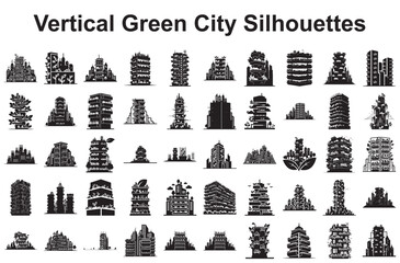 Collection of vertical green city silhouettes isolated on white background