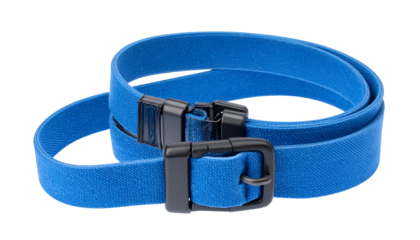 A bright blue, coiled belt with a black buckle and clasp on a black background