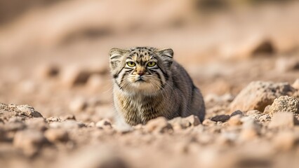 Naklejka premium a wild Pallas's cat nestled amidst a rocky, arid landscape, bathed in the warm glow of natural sunlight with bokeh effect dan background blurred.