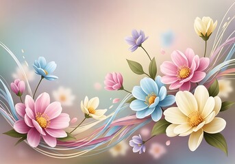 Pastel Floral Arrangement with Decorative Ribbons and Dreamy Backdrop