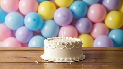 Pastel Balloons and Birthday Cake on Rustic Wood for Celebration Moment