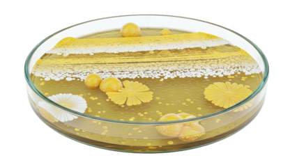 Petri dish with colorful bacterial colonies and structures