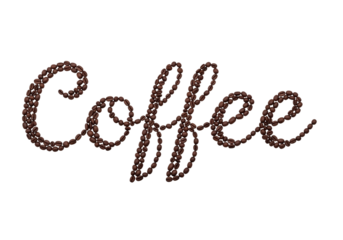 Brown coffee beans forming the word coffee in cursive script on white background