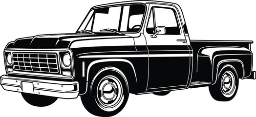 Classic 1970s American pickup truck in a detailed black and white line art illustration. © Vhya