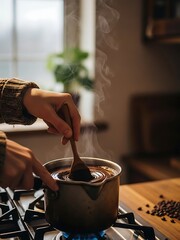 Preparing warming beverage, stirring hot chocolate in a cozy kitchen