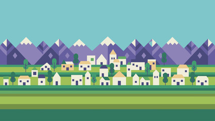 Geometric Village Landscape Panorama. Abstract Townscape with Flat Design Houses, Green Fields, and Stylized Purple Mountains.