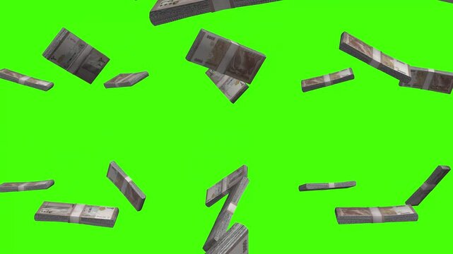 Syrian Pound banknotes falling on green screen, SYP currency rain