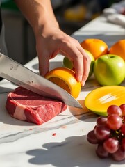 Raw steak and assorted fruits being cut on a marble surface with knife