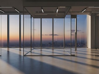 Sleek office space offers sweeping panoramic views at dusk or dawn