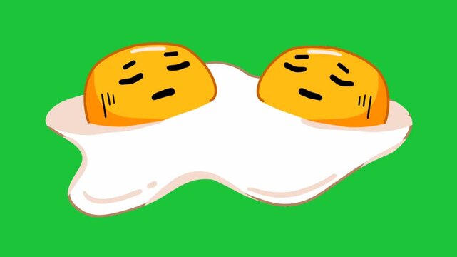 Cute cartoon double fried egg characters with sleepy expressions isolated on green screen background animation loop