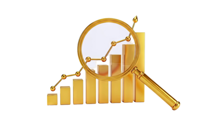 Golden magnifying glass over upward trending bar graph and line chart