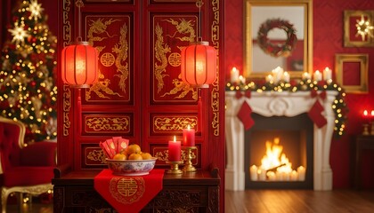 Fototapeta premium Festive Christmas and Chinese New Year Fusion Decor.