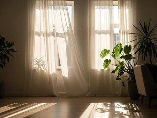 Sunlit serene interior with sheer curtains and vibrant green plants indoors