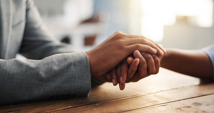 Holding hands, support and people with empathy, comfort and compassion for healing. Closeup, care and sympathy with connection, hope and process for loss, grief and trust to connect or help in crisis
