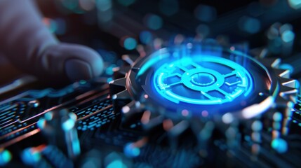 Close-up of Hand Activating Futuristic Blue Interface on Complex Circuit Board with Glowing Elements and Digital Technology Background
