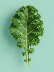 Vibrant curly kale leaf on a turquoise background, organic food
