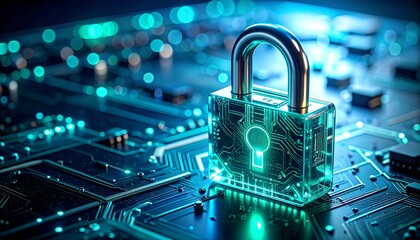 Macro shot of a neon translucent padlock resting on a computer motherboard, symbolizing strong data encryption, privacy, and secure internet protection.