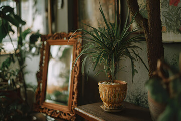 Obraz premium a potted plant sitting on a table next to a mirror