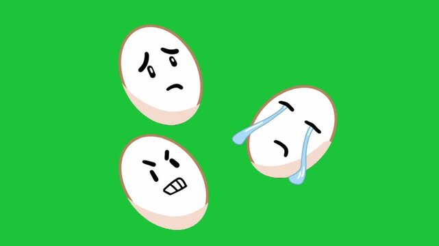 Three sad cartoon eggs with different emotions crying and upset on green screen background animation loop