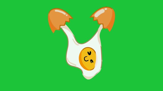 Cute smiling egg yolk character stretching cracked shell arms on green screen. Fun cartoon food animation isolated loop
