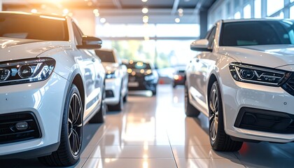 Modern car dealer showroom sunlight highlights sleek vehicles, clean spaces, and a welcoming atmosphere perfect for choosing your next automobile or business fleet.