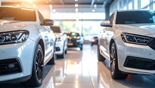 Modern car dealer showroom sunlight highlights sleek vehicles, clean spaces, and a welcoming atmosphere perfect for choosing your next automobile or business fleet.