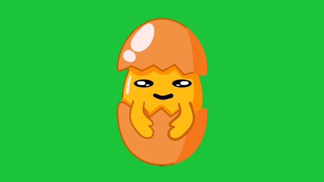 Cute hatching egg cartoon character smiling inside cracked shell on green screen. Fun food animation isolated background loop