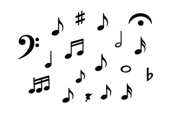 Music notes, clefs, sharps, and flats symbolizing melody, rhythm, and sound elements. Transparent background