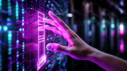 Fototapeta premium Hand Interacting with Futuristic Touchscreen Display in Digital Environment with Neon Colors and Data Visualization Effects