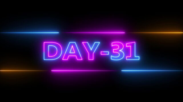 Glowing neon text day 31 inside a horizontal banner on black background. Neon 31 Day Text icon Animation Videos. Display day 31 text animation.4k video.