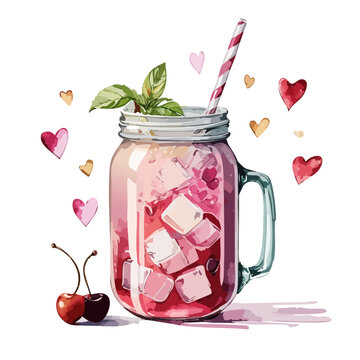 Valentine&rsquo;s Fruit Mason Jar Drink Vector &mdash; Watercolor Cherry Citrus Beverage with Hearts