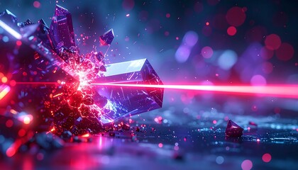 Futuristic crystal shield blocking and shattering a red laser beam, symbolizing powerful antivirus software, firewall defense, and stopping cyber threats.