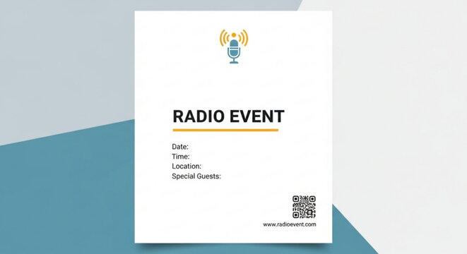 Radio event flyer design with microphone icon and qr code - Powered by Adobe