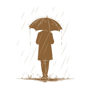 person holding umbrella walking in rain shower alone outside