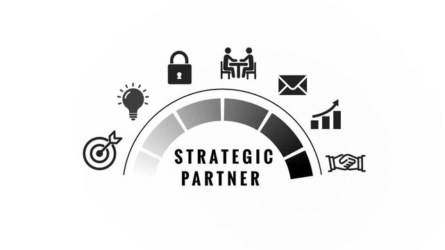 A black and white gauge displaying strategic partner status with for goals lightbulb security partnership communication growth and handshake on a white background Keywords: strategic partner gauge