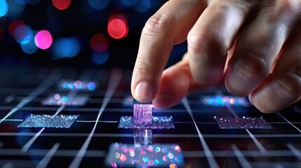 Fototapeta premium Close-up of Hand Selecting Digital Block on Interactive Technology Interface with Glowing Bokeh Background